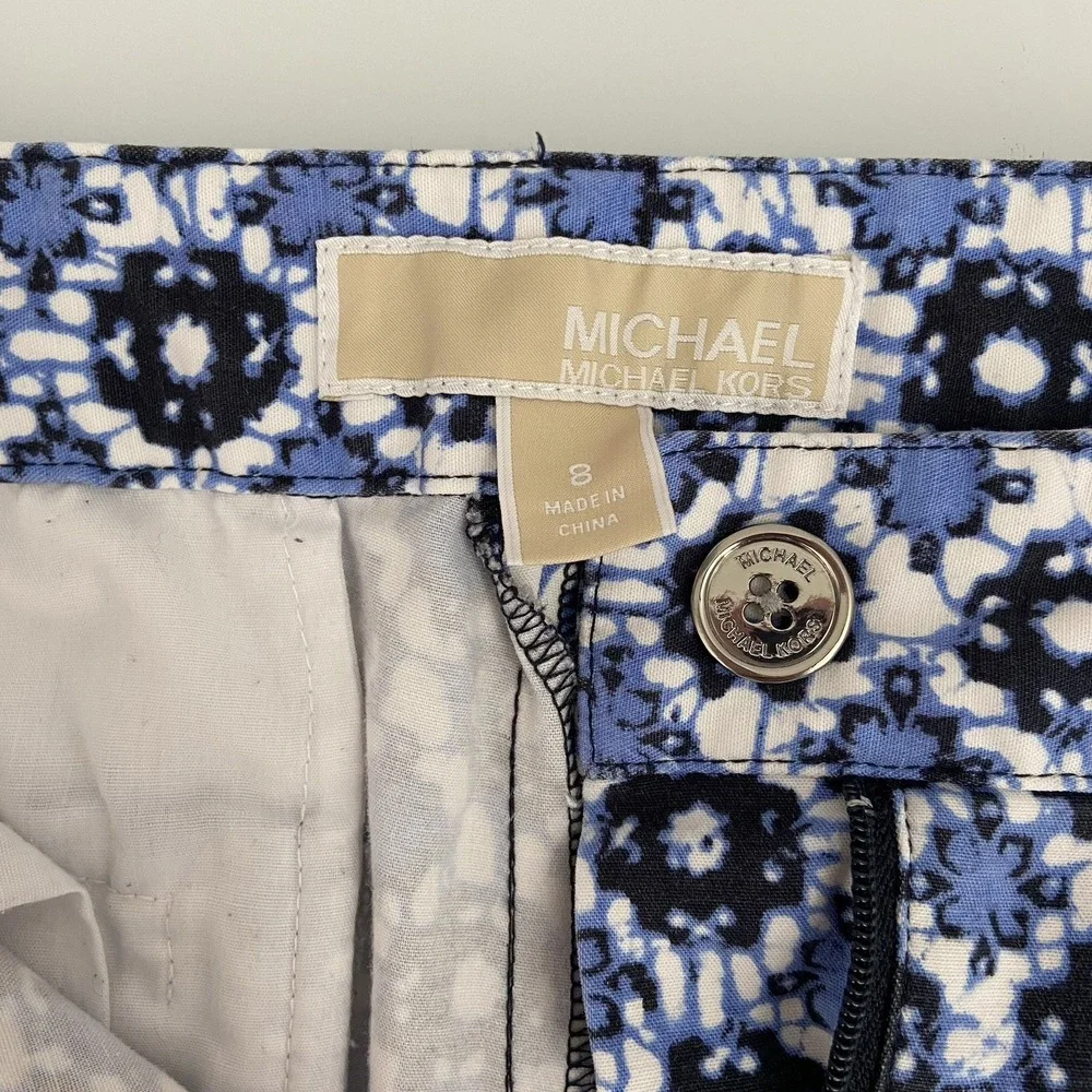 Michael Kors Women's Blue White Geometric Print Chino Straight Leg Dress Pants 8